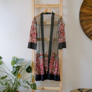 Black Sheer Robe Kimono with Floral Embroidery